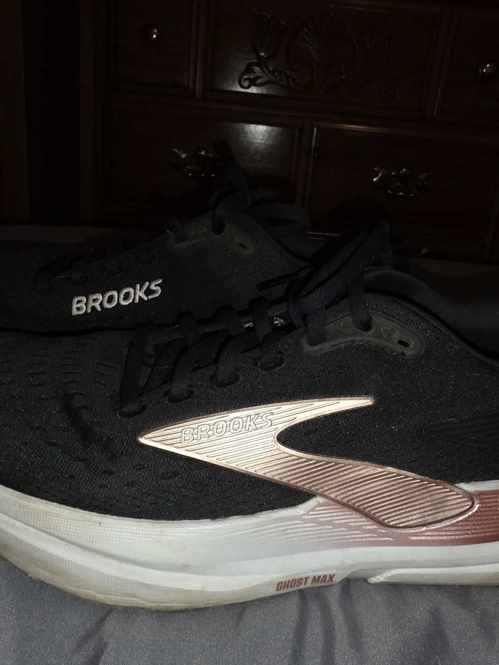 Brooks Women’s Ghost Max Running Shoe - Black with Rose Gold Accent